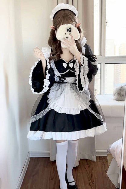 Black White Maid Long Hime Sleeve Ruffle Bow Sweet Plus Size Lolita Dress Full Set