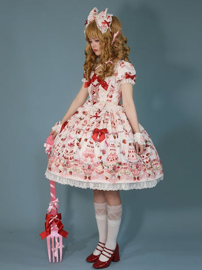 Strawberry Cake Print White Sweet Bow Accents Lolita Dress / Full Set