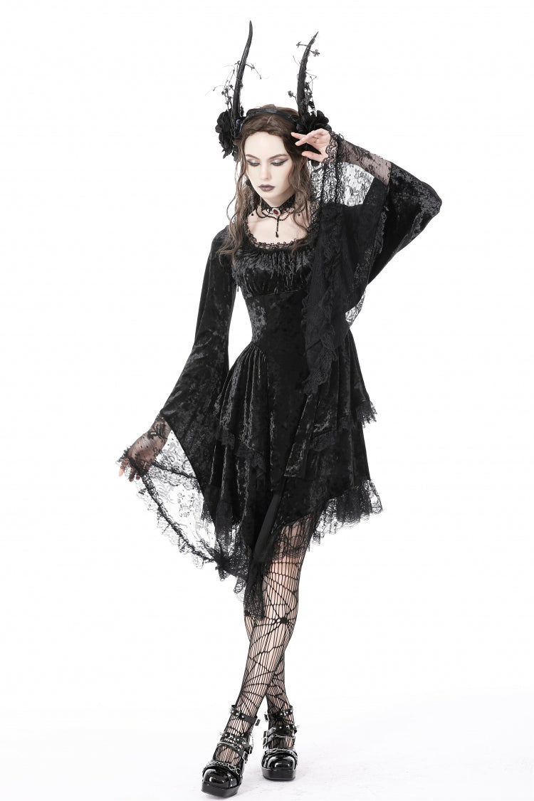 Long Trumpet Sleeve Lace Spliced Black Gothic Velvet Dress