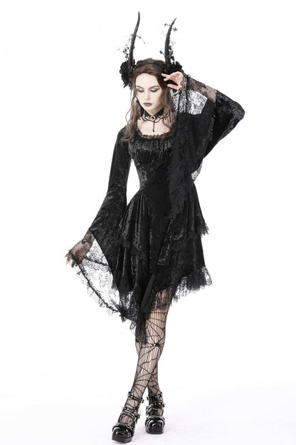 Long Trumpet Sleeve Lace Spliced Black Gothic Velvet Dress