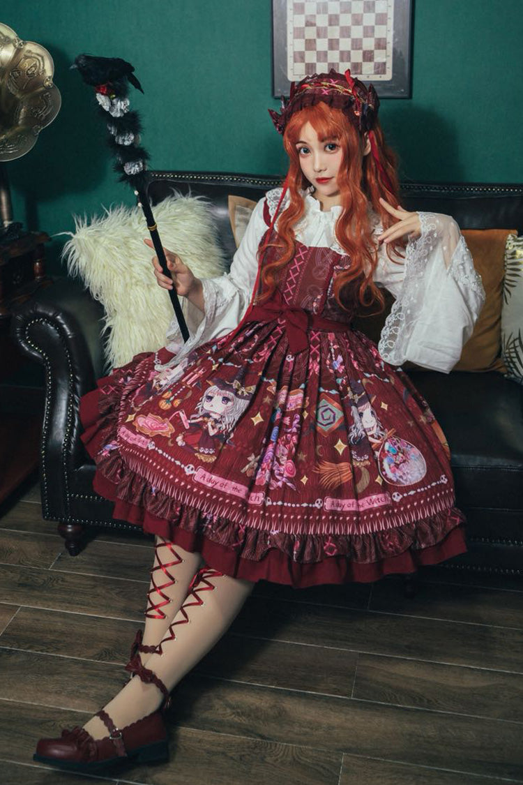 Red Little Witch Sleeveless Print Ruffle Bowknot Sweet Elegant Lolita Jsk Dress