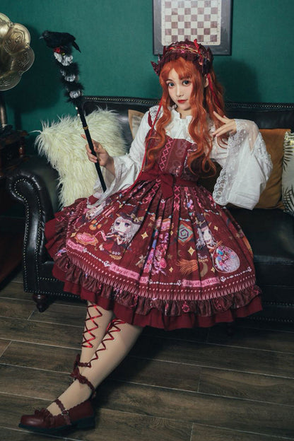 Red Little Witch Sleeveless Print Ruffle Bowknot Sweet Elegant Lolita Jsk Dress