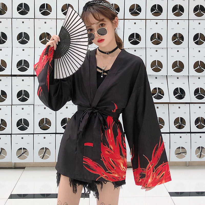 Kimono-Oberbekleidung mit leuchtendem Phoenix-Print und Sonnenschutz