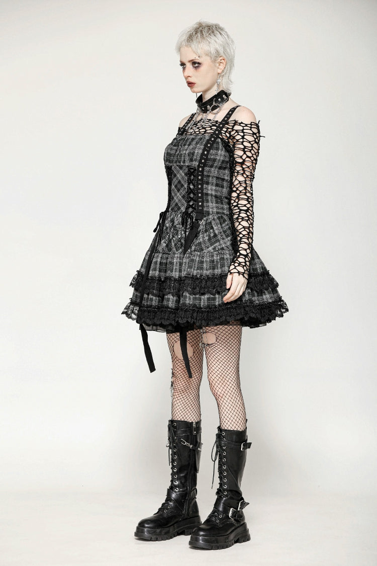 Charcoal Layered Lace Hem Plaid Slip Dress - Punk Party Attire