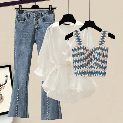 Tank Denim Flared Top Shirt Blue Drawstring Pants