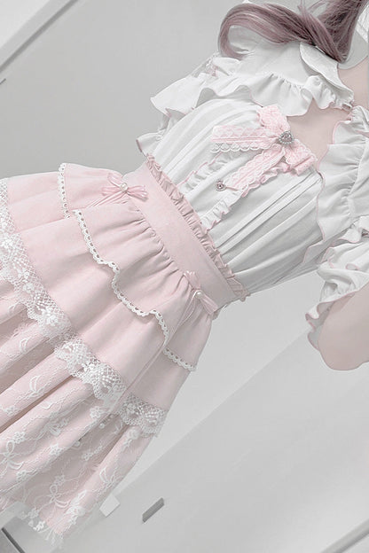 Triple-Layered Ruffle Bowknot Lace Jirai Kei Skirt Set