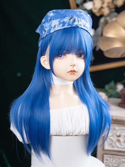 Blue 63CM Length Straight Wig With Full Bangs