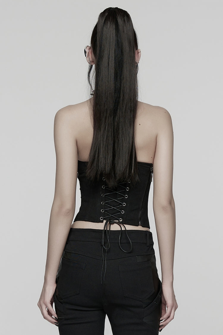 No-Sleeve Dark Corset Top with Side Zip and Lace-Up - NoirEdge