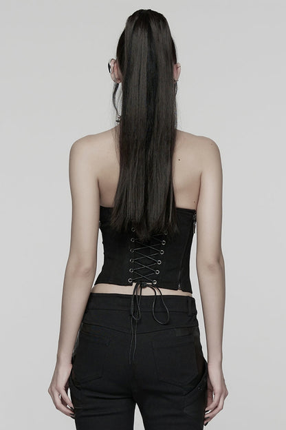 No-Sleeve Dark Corset Top with Side Zip and Lace-Up - NoirEdge