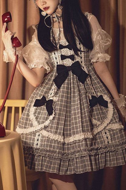 Black/White High-Waist Sweet Lolita JSK with Bow and Plaid Ruffles