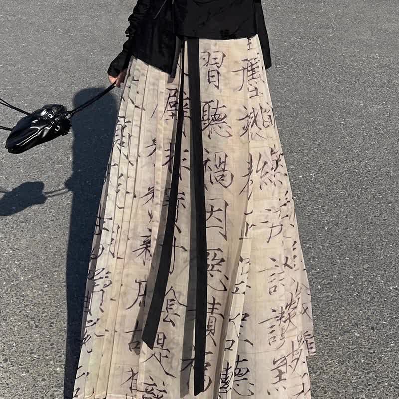 Plissierter Hanfu-Rock mit Vintage-Charakter-Print und Schnürung