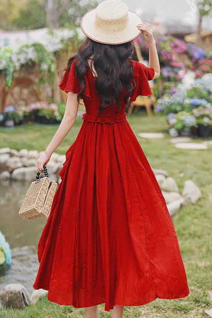 Red Square Collar Halter Short Sleeves High Waist Ruffle Gothic Vintage Lolita Long Skirt Set