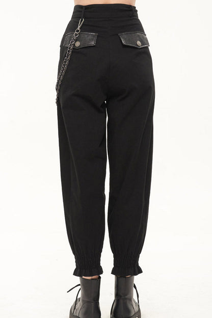 Womens Long Pants with Chain Accents and Leather Trim