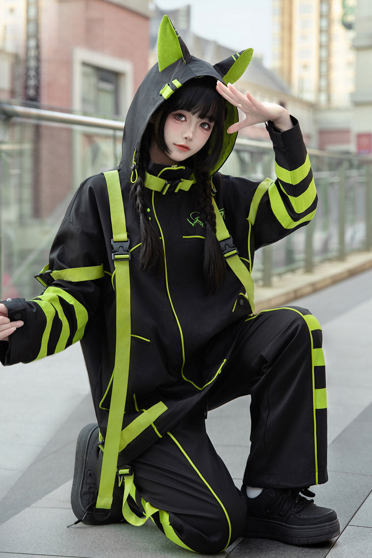 Cat Ear Hooded Jirai Kei Long Sleeve Coat in Yellow Green Black