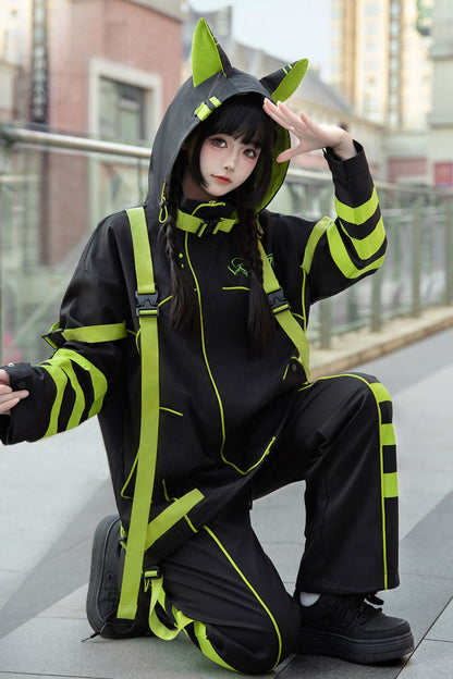 Cat Ear Hooded Jirai Kei Long Sleeve Coat in Yellow Green Black