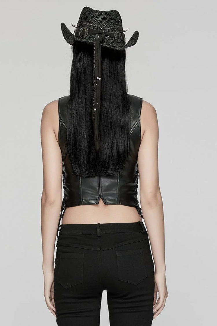 Punk Women's Vest with Faux Leather V Collar Sleeveless Lace-Up and Zipper