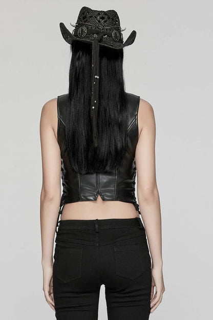 Punk Women's Vest with Faux Leather V Collar Sleeveless Lace-Up and Zipper