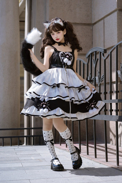 Black/White Sweet Lolita Triple-Layered Ruffle Bowknot JSK Dress
