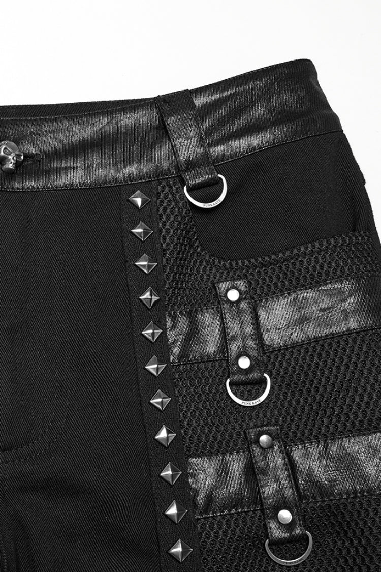 Studded Punk Pants with Buckle Straps and Mesh