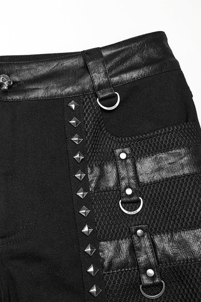 Studded Punk Pants with Buckle Straps and Mesh