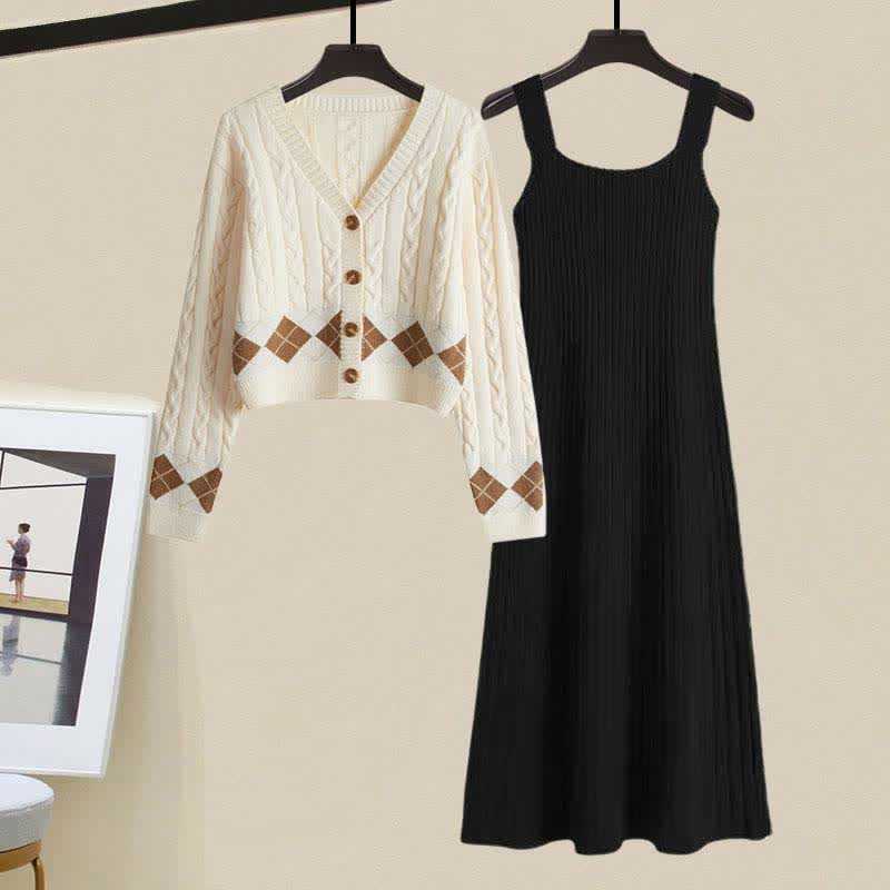 Sweater Slip Dress Rhombus Set Print Cardigan
