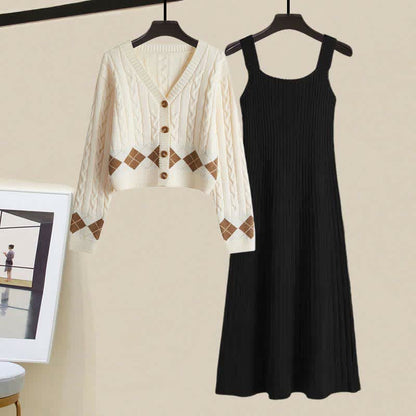 Sweater Slip Dress Rhombus Set Print Cardigan