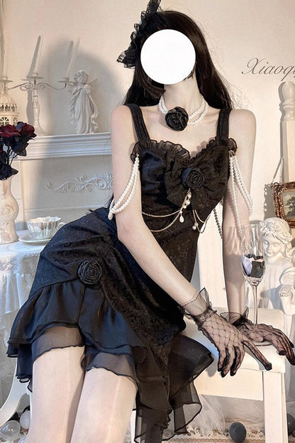Camellia Rose Asymmetric Ruffled Gothic Chinese Elegant Lolita JSK Dress in Three Colors