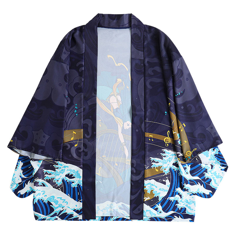 Lockere Strickjacke mit Kimono-Oberbekleidung im Anime-Meeres-Print