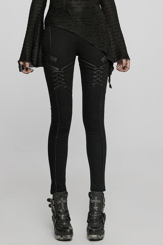 Punk Women's Skinny Jeans with Faux Leather Stitching and Lace-Up