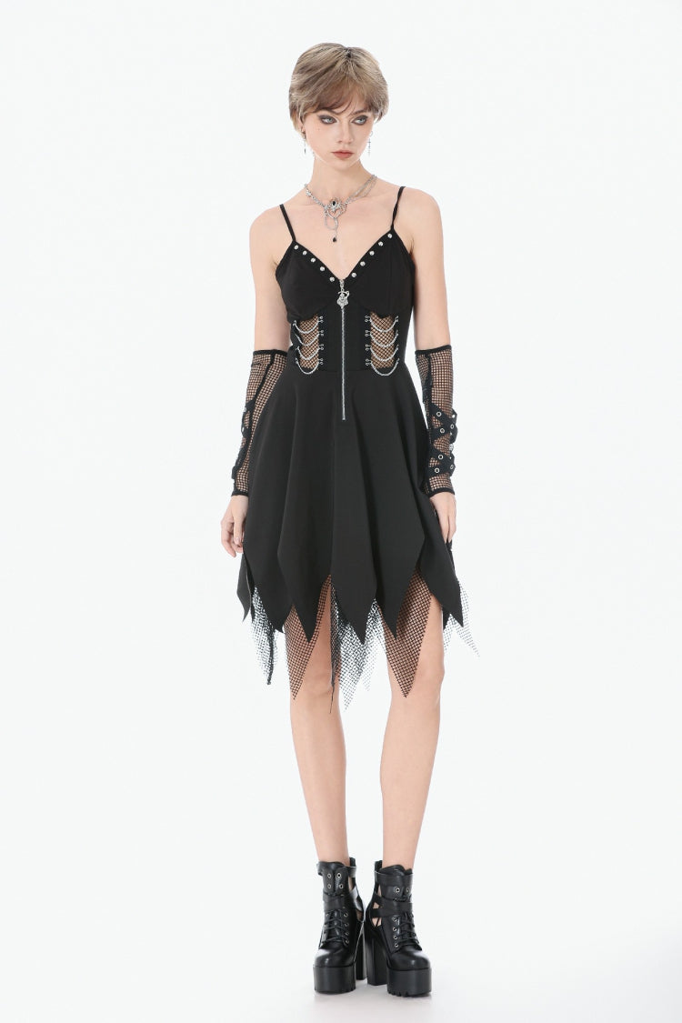 Studded Mesh Punk Slip Dress with Zippers
