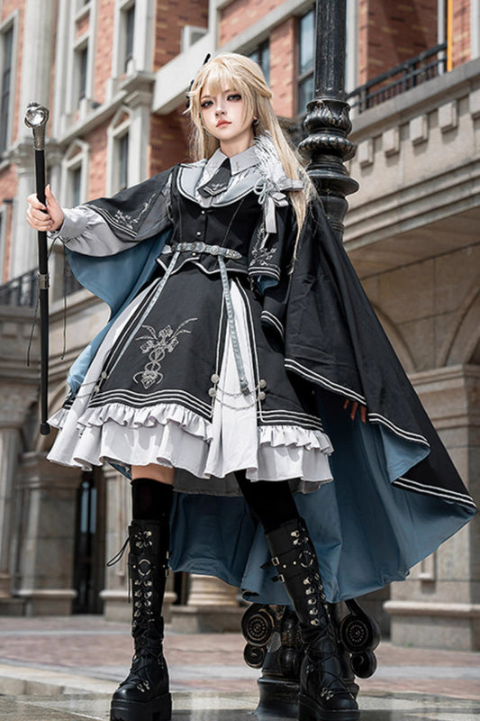 Black Blue Dark Knight Contract Print Ruffle Gothic Military Elegant Skirt