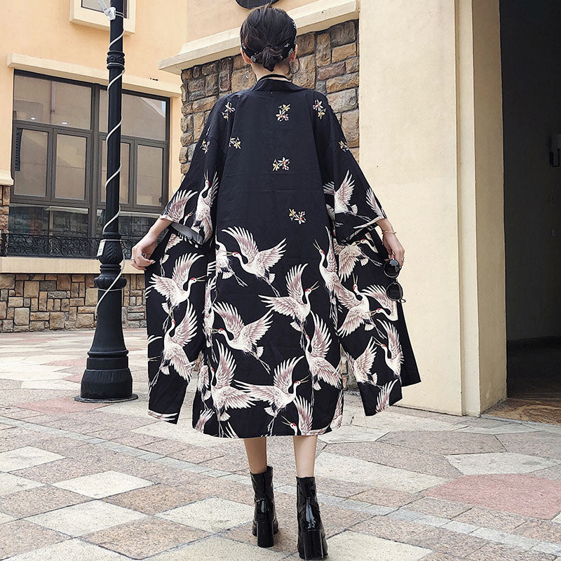 Kimono long cardigan vintage à grue noire