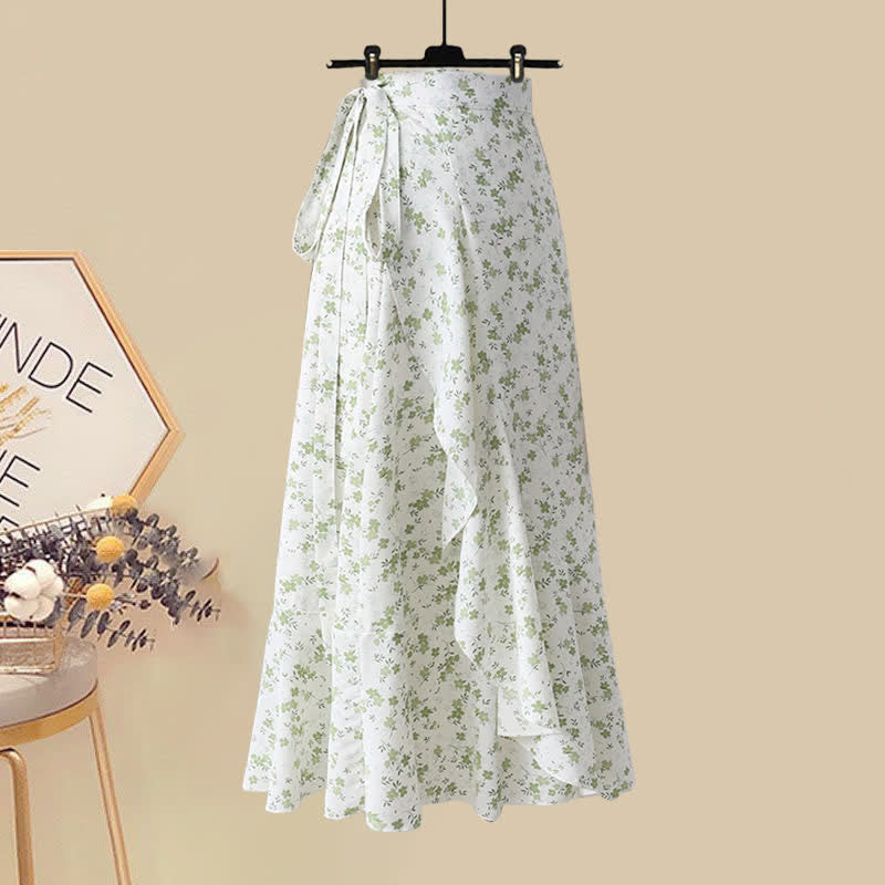 Puff Sleeve Lapel T-Shirt Floral Print Skirt Set