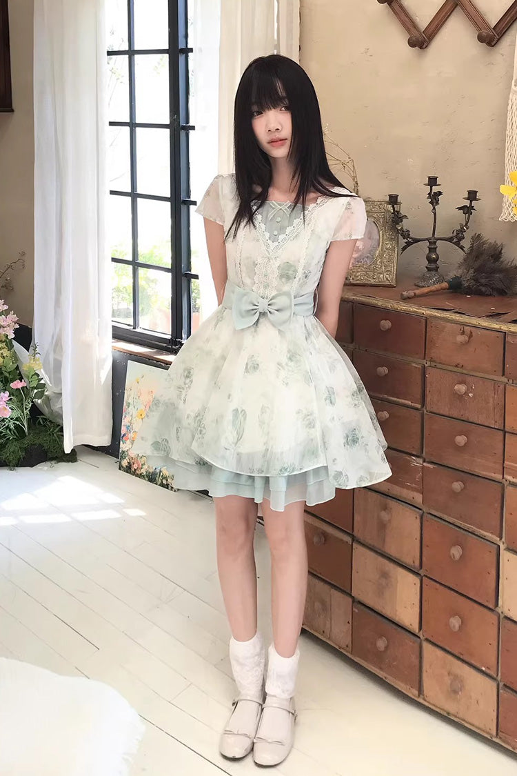 Green Floral Print Short Sleeve Bow Lace Sweet Princess Lolita Dress