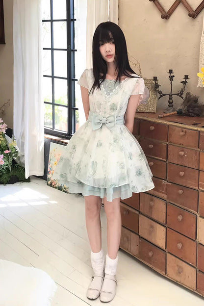 Green Floral Print Short Sleeve Bow Lace Sweet Princess Lolita Dress