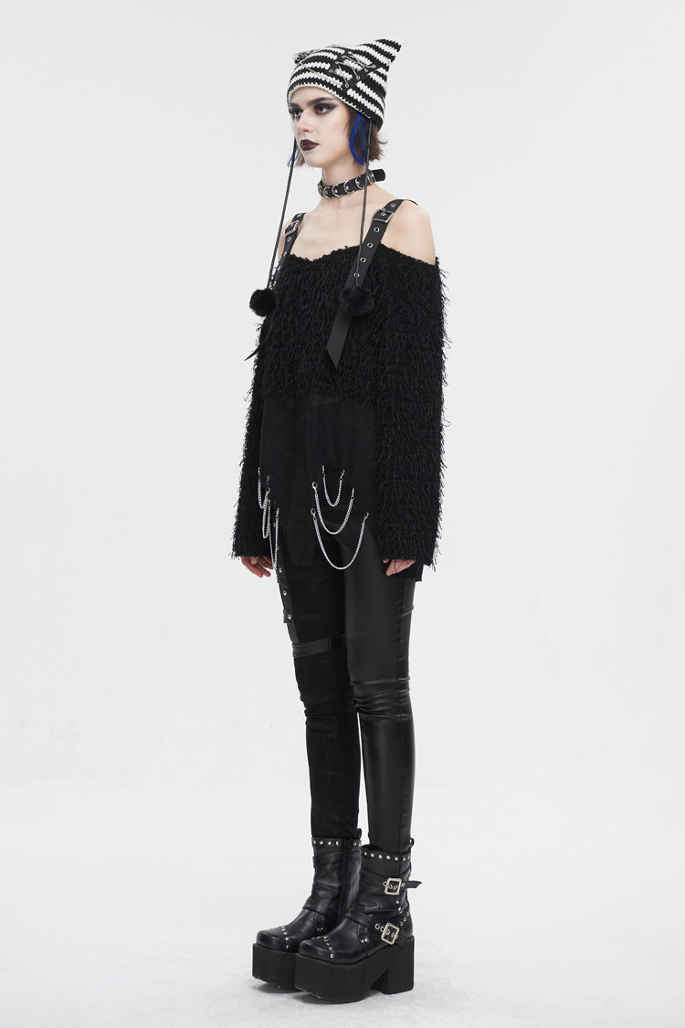 Off-Shoulder Fluffy Black Sweater Punk Women's Asymmetric Style