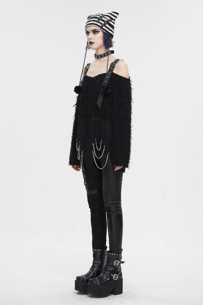 Off-Shoulder Fluffy Black Sweater Punk Women's Asymmetric Style