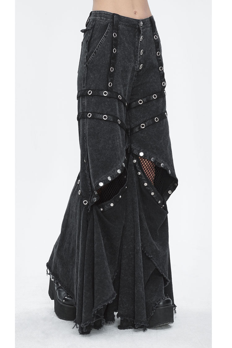 Flared Punk Pants with Ruffled Hem and Eyelet Details