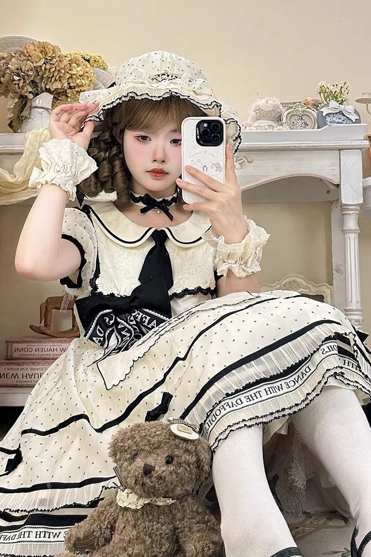 William Wordsworth's Lyric Poetry Doll-Collar Polka Dot Printed Lace Sweet Princess Lolita Dress in Beige
