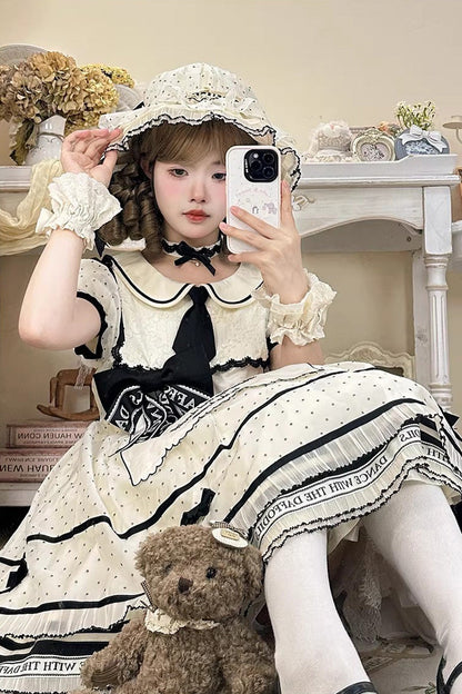 William Wordsworth's Lyric Poetry Doll-Collar Polka Dot Printed Lace Sweet Princess Lolita Dress in Beige