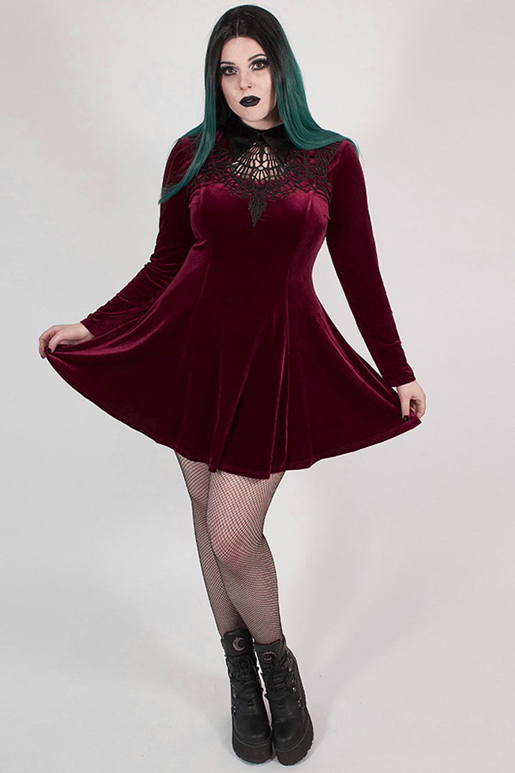 Crimson Velvet Chest Cutout Back Lace-Up Long Sleeve Plus-Size Goth Gown