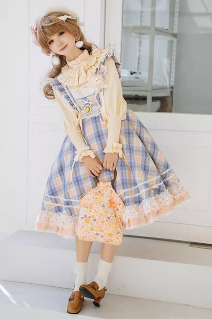 Endless Summer High Waist Print Ruffle Bow Lace Princess Lolita JSK Two Styles in Yellow Blue
