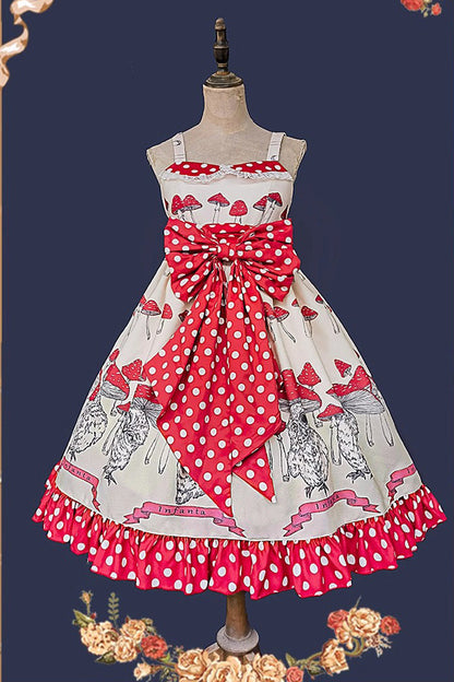 Mushroom-Print Bow-Adorned Ruffled Sweet Lolita Dress in Two Colors