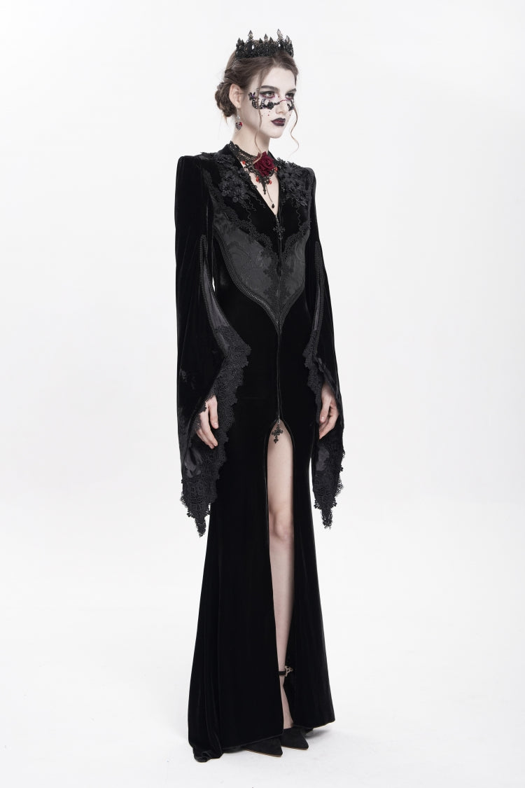 V Collar Trumpet Sleeve Floral Embroidered Velvet Gothic Dress