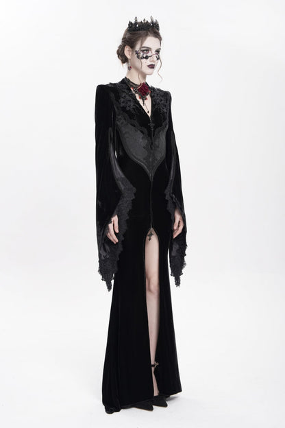 V Collar Trumpet Sleeve Floral Embroidered Velvet Gothic Dress