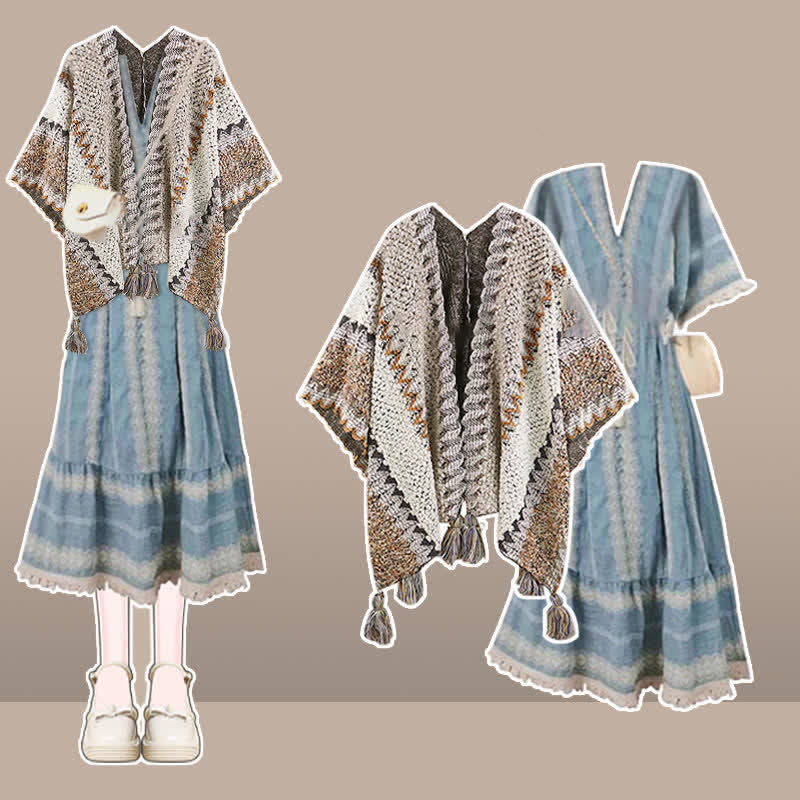 Boho Vintage Print Shawl Wrap Lace Up Dress