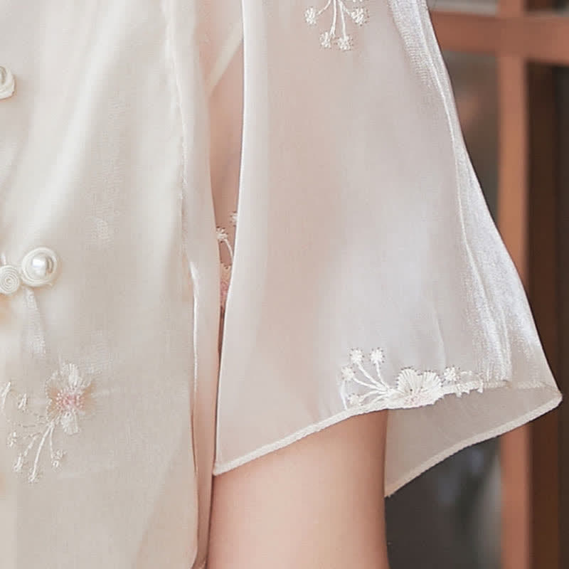 Chemise Hanfu vintage à boucle et jupe plissée avec broderie de grue rose