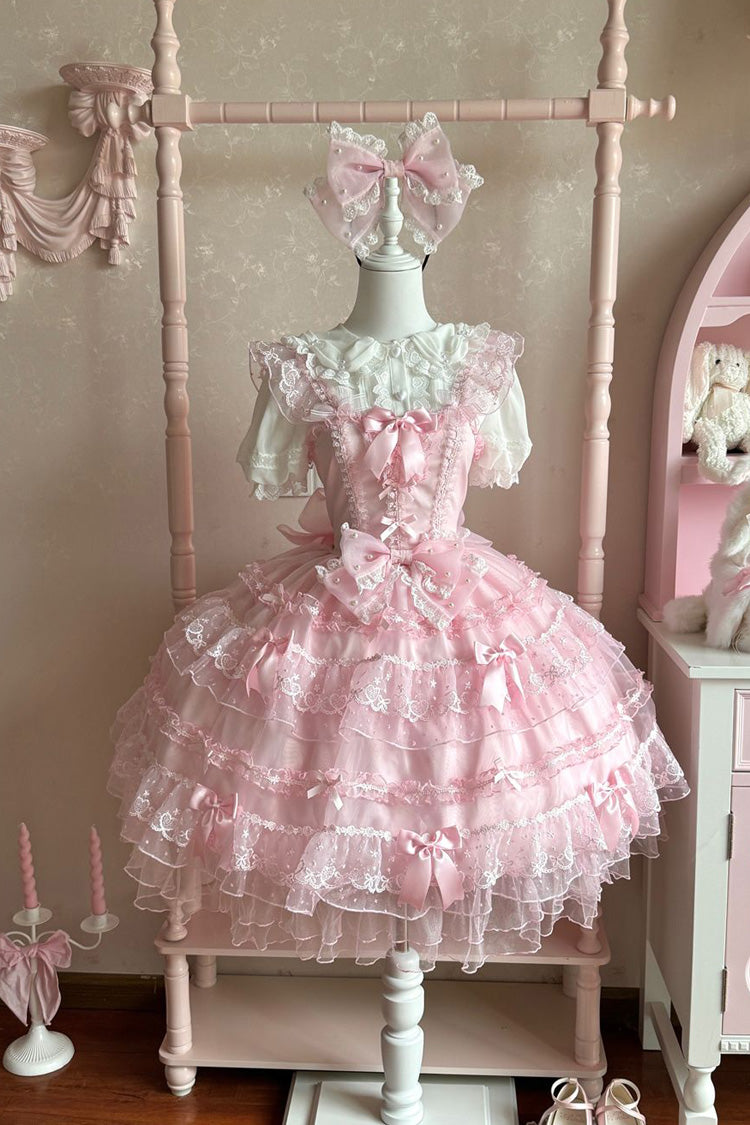 Pink Multi-Tier Ruffle Bridal Bow Lace Sweet Lolita Jumper - Lotus Butterfly Heart