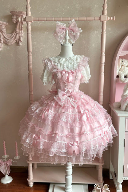 Pink Multi-Tier Ruffle Bridal Bow Lace Sweet Lolita Jumper - Lotus Butterfly Heart