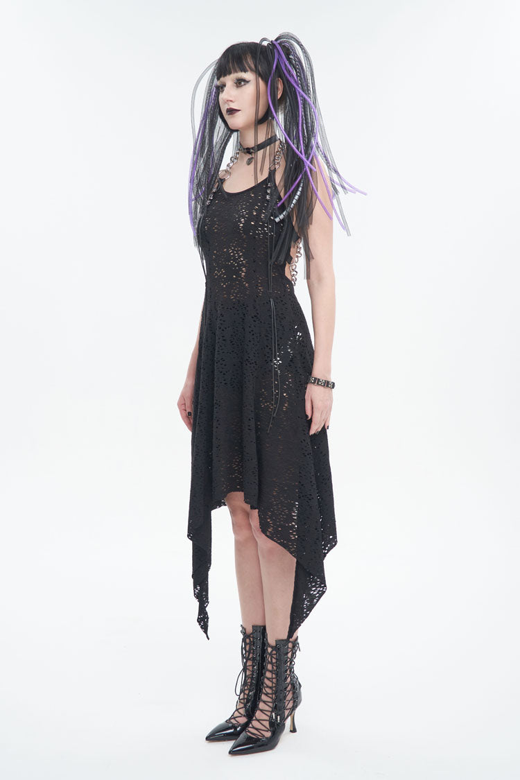 Wool Patterned Metal Chain Halter Backless Black Punk Dress